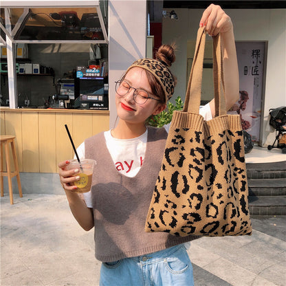 Knitted Shopping Bag Leopard Woven One-Shoulder Casual Portable Shoulder Handle Bag