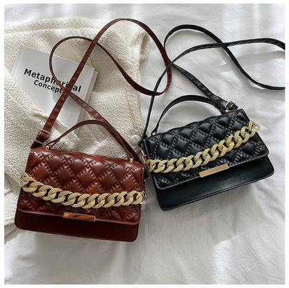 Women Fashion Thick Chain Rhombus Stitching Design Solid Color PU Crossbody Bag