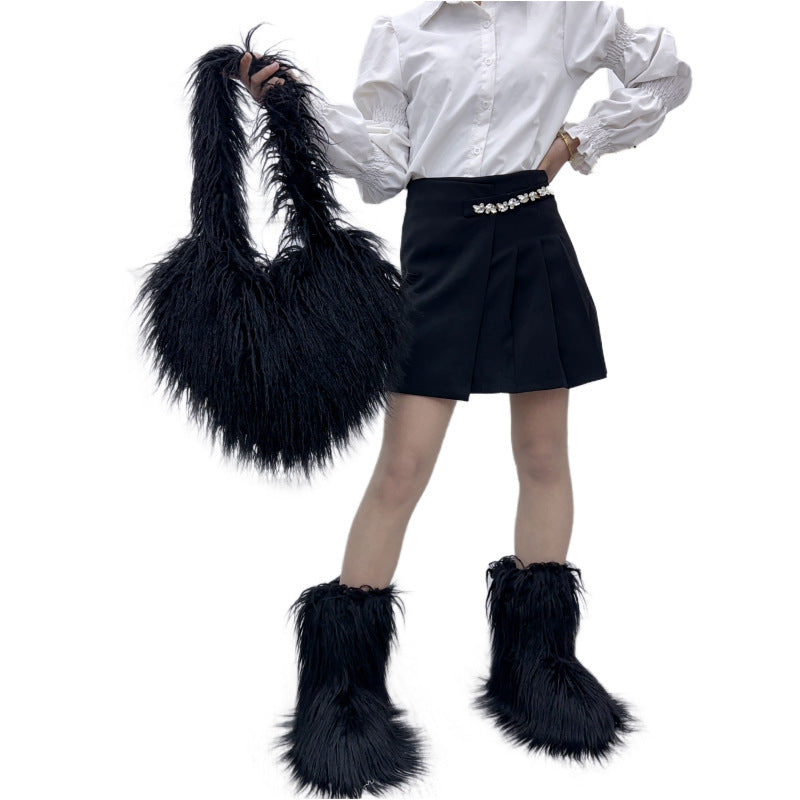 Sac à bandoulière en peluche en forme de cœur pour femme, mignon et tendance, couleur unie, hiver 