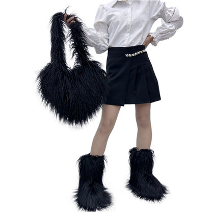 Sac à bandoulière en peluche en forme de cœur pour femme, mignon et tendance, couleur unie, hiver 