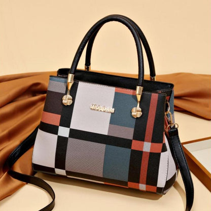Women Elegant Color Blocking Large Capacity PU Handle Bag