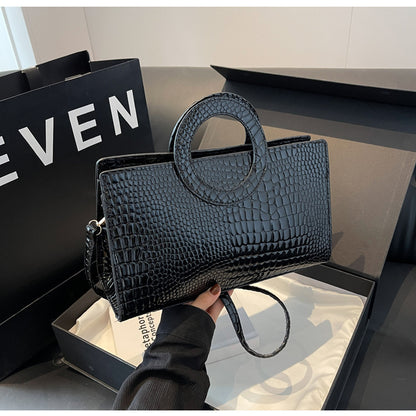 Women Vintage Crocodile-Print Round Handle PU Shoulder Bag