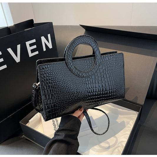 Women Vintage Crocodile-Print Round Handle PU Shoulder Bag