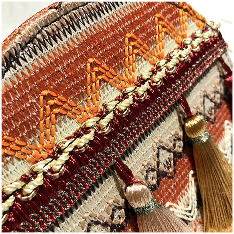 Women Boho Tassel Decorative Woven Design Color Blocking Crossbody Bag
