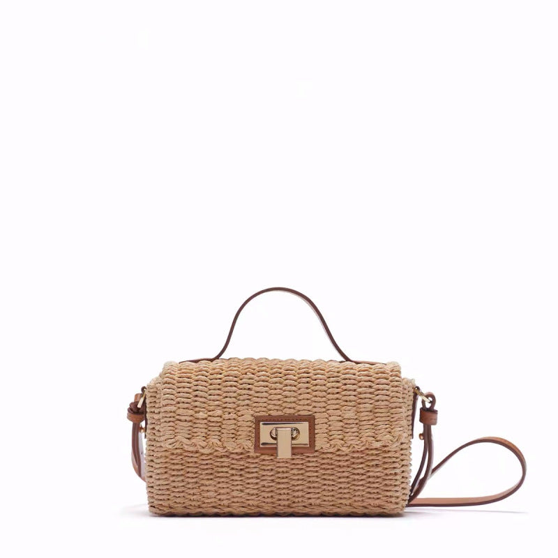 Women Casual Flap Buckle Weave Design Straw Crossbody Bag
