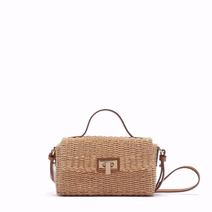 Women Casual Flap Buckle Weave Design Straw Crossbody Bag