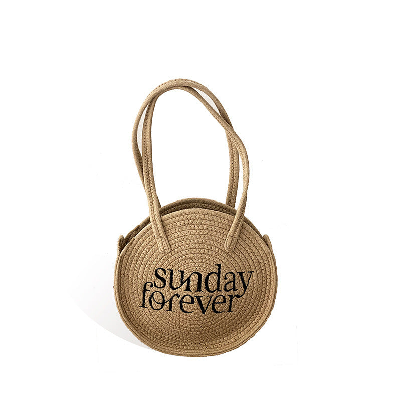 Fashion Vacation Round Shape Sunday Forever Letter Straw Woven Shoulder Bag