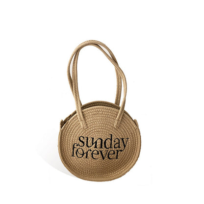Fashion Vacation Round Shape Sunday Forever Letter Straw Woven Shoulder Bag
