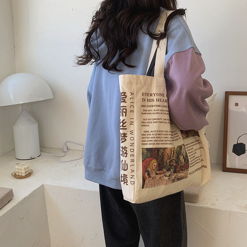 Sac à bandoulière en toile grande capacité pour femme, décontracté, motif dessin animé, motif lettres 