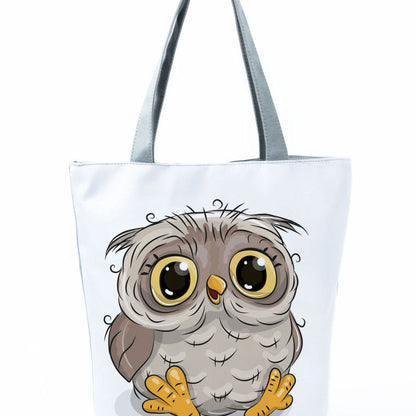 Simple White Creative Cartoon Owl Print Shopping Bag