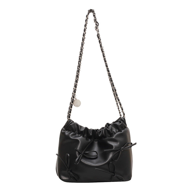 Sac seau à bandoulière en PU pour femme, simple et tendance, couleur unie, avec nœud 
