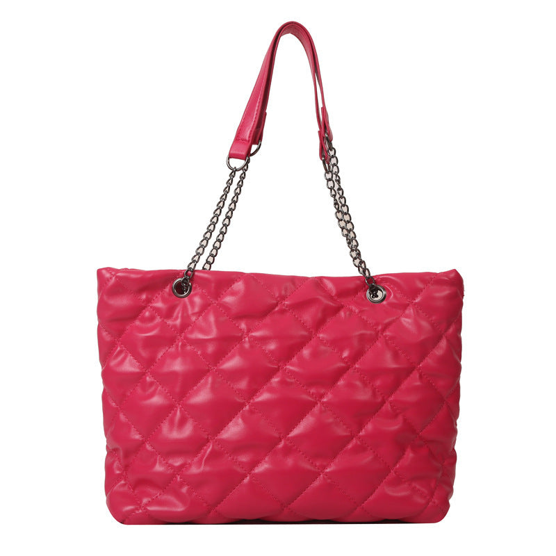 Women Fashionable Solid Color Rhombic Large Capacity Chain PU Tote Bag