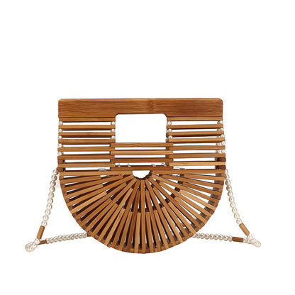 Women Fashion Bamboo Weaving Pearl Pop Straw Saddle Handbag