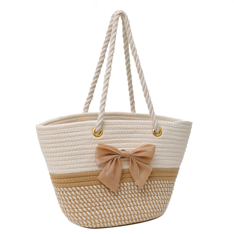 Women Fashionable Ethnic Style Straw Woven Bow Large Capacity Tote Bag
