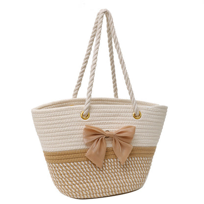 Women Fashionable Ethnic Style Straw Woven Bow Large Capacity Tote Bag