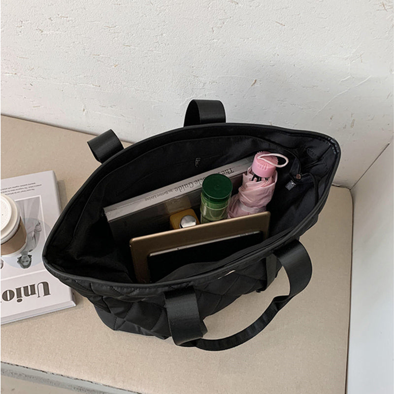 Sac fourre-tout en nylon de grande capacité avec coutures en losange pour femme, couleur unie 