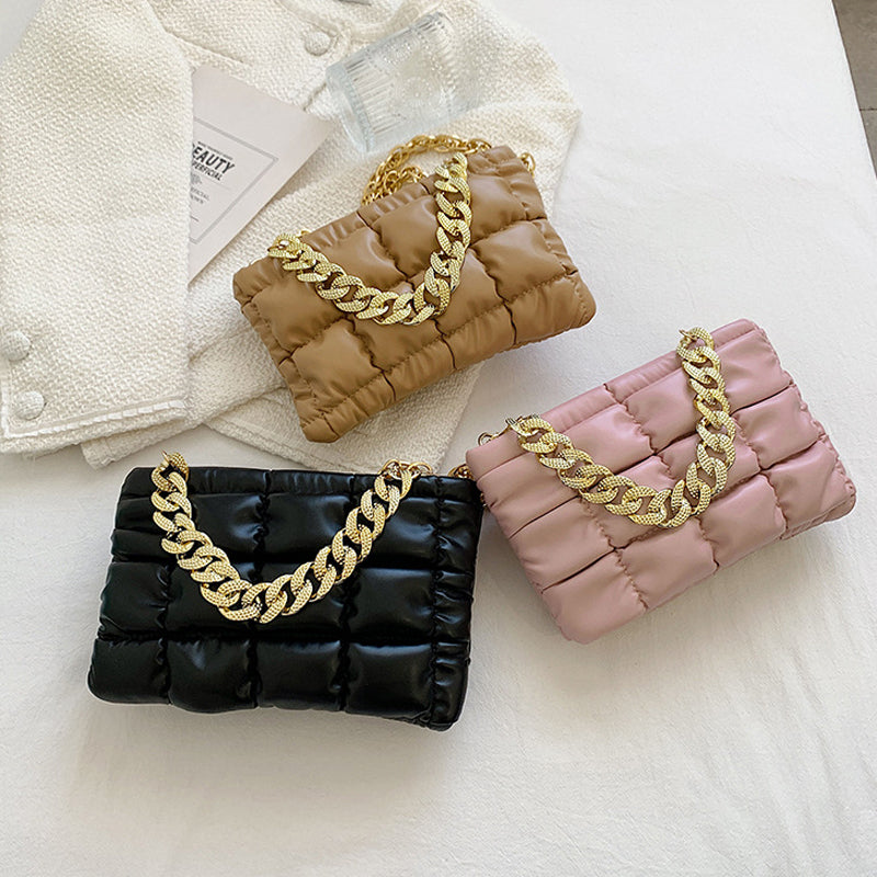 Sac à bandoulière en PU à carreaux de couleur unie pour femme, design créatif avec chaîne épaisse 