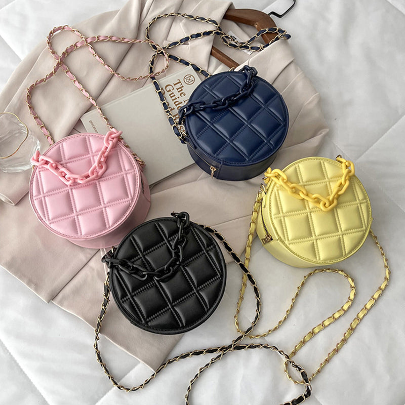 Sac à bandoulière rond en PU pour femme, joli sac à chaîne avec fermeture éclair, couleur unie, motif écossais gaufré 