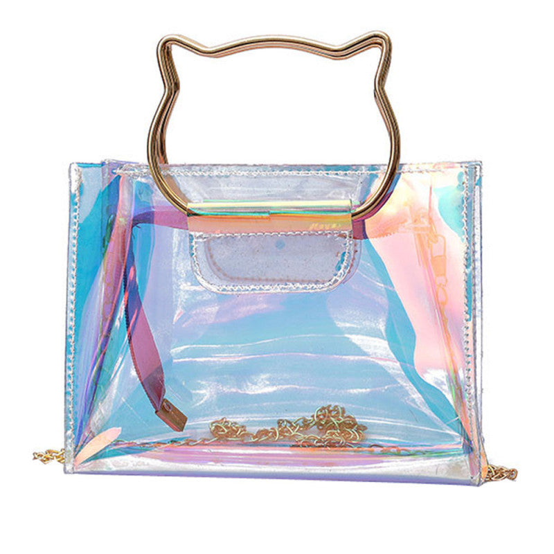 Sac à bandoulière en PVC avec poignée en forme d'oreilles de chat et design laser créatif pour femme 