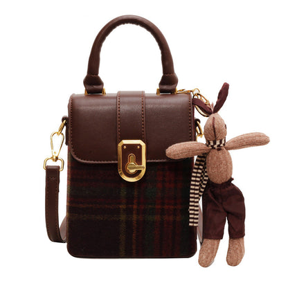 Women Fashion Woolen Plaid Flap Cartoon Pendant Shoulder Crossbody Bag