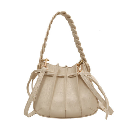 Women Fashionable Simple Solid Color Creased Strap PU Bucket Crossbody Bag