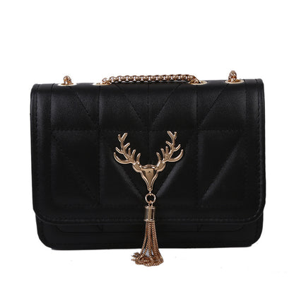 Women Fashion Deer Decorative Flap Buckle Design Solid Color PU Crossbody Bag
