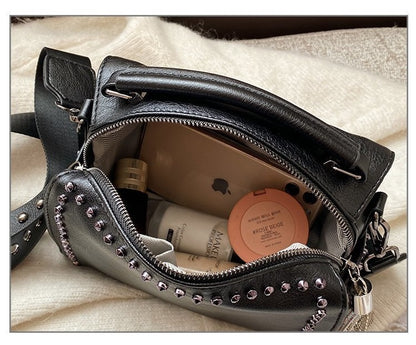 Women Punk Rivet Decorative Tassel Pendant Zipper Design Solid Color PU Handle Bag