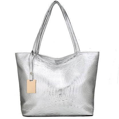 Women Fashionable Crocodile-Print Large-Capacity PU Tote Bag