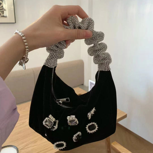 Sac à bandoulière plissé en daim couleur unie avec strass et fermeture éclair pour femme 