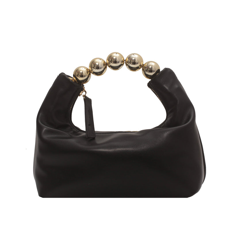 Women Chic Beaded Zipper Design Solid Color PU Handle Bag