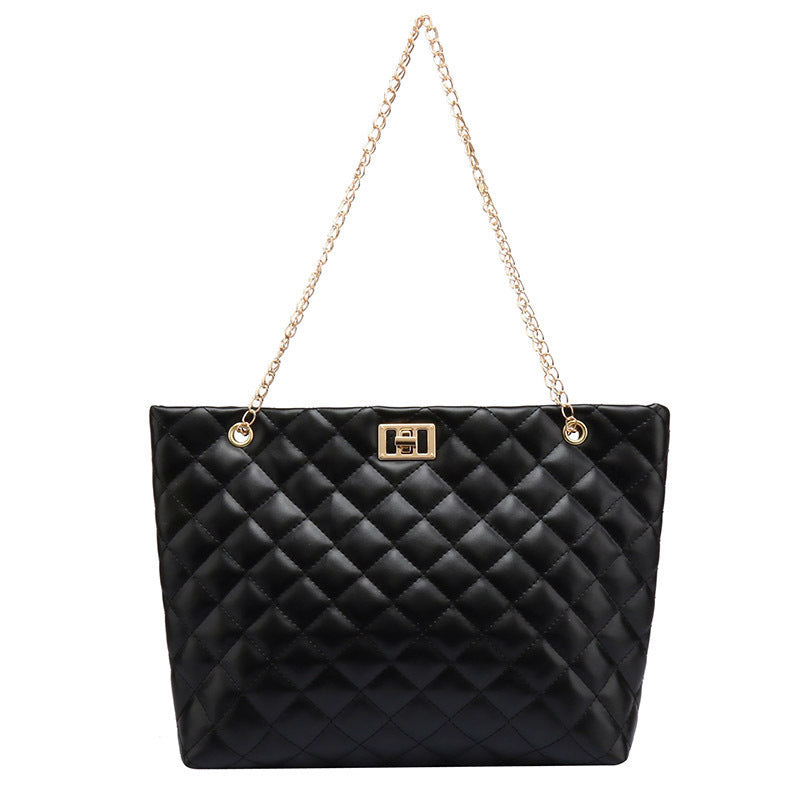 Women Basic Casual Chain Design Rhombus Stitching Solid Color Large Capacity PU Shoulder Bag