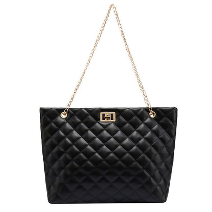 Women Basic Casual Chain Design Rhombus Stitching Solid Color Large Capacity PU Shoulder Bag