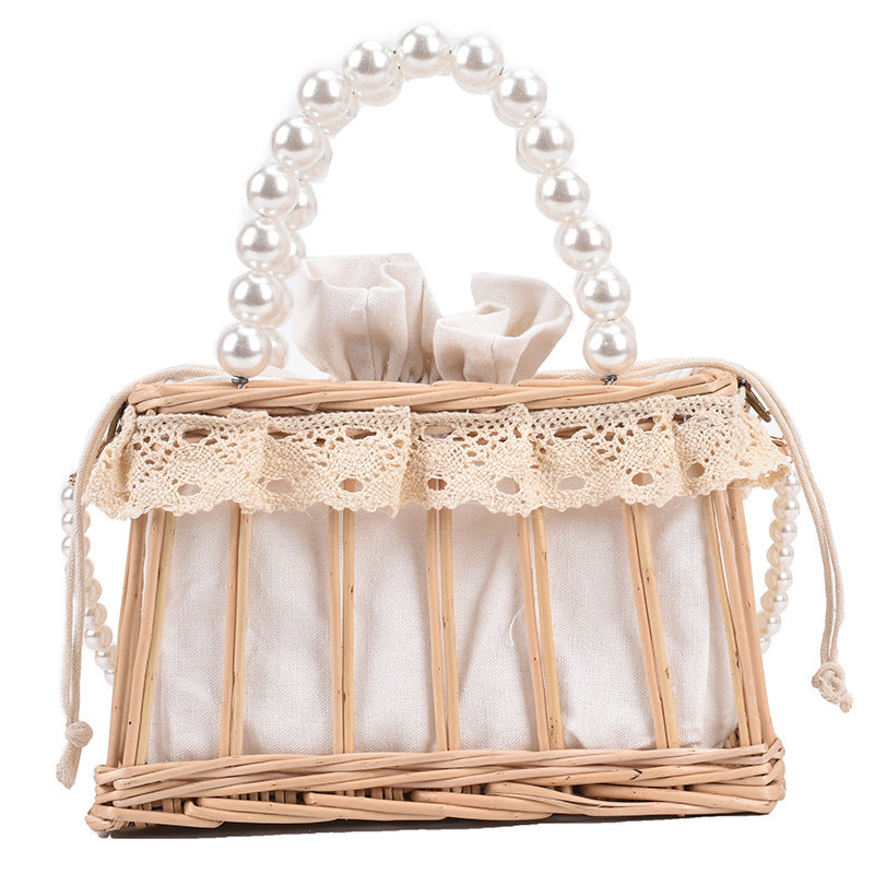 Sac à bandoulière tissé de couleur unie pour femme, motif de perles pastorales, sac de plage 