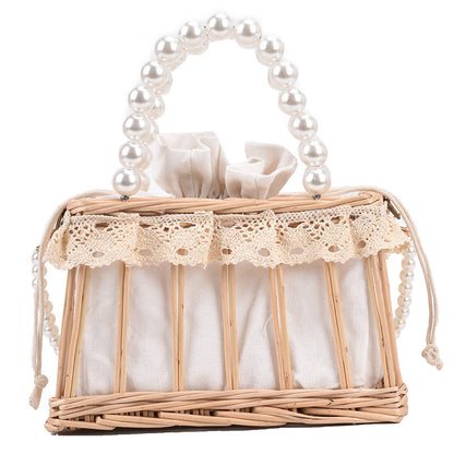 Sac à bandoulière tissé de couleur unie pour femme, motif de perles pastorales, sac de plage 