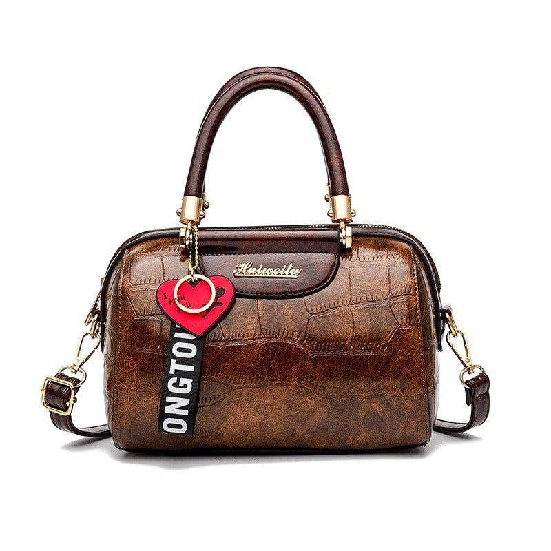 Women Vintage Stone Print Large Capacity Zip Handle Shoulder Bag