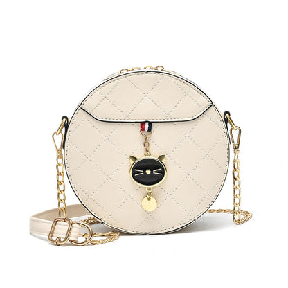 Women Fashionable Solid Color Rhombic Embroidery Cat Pendant Round Chain Crossbody Bag