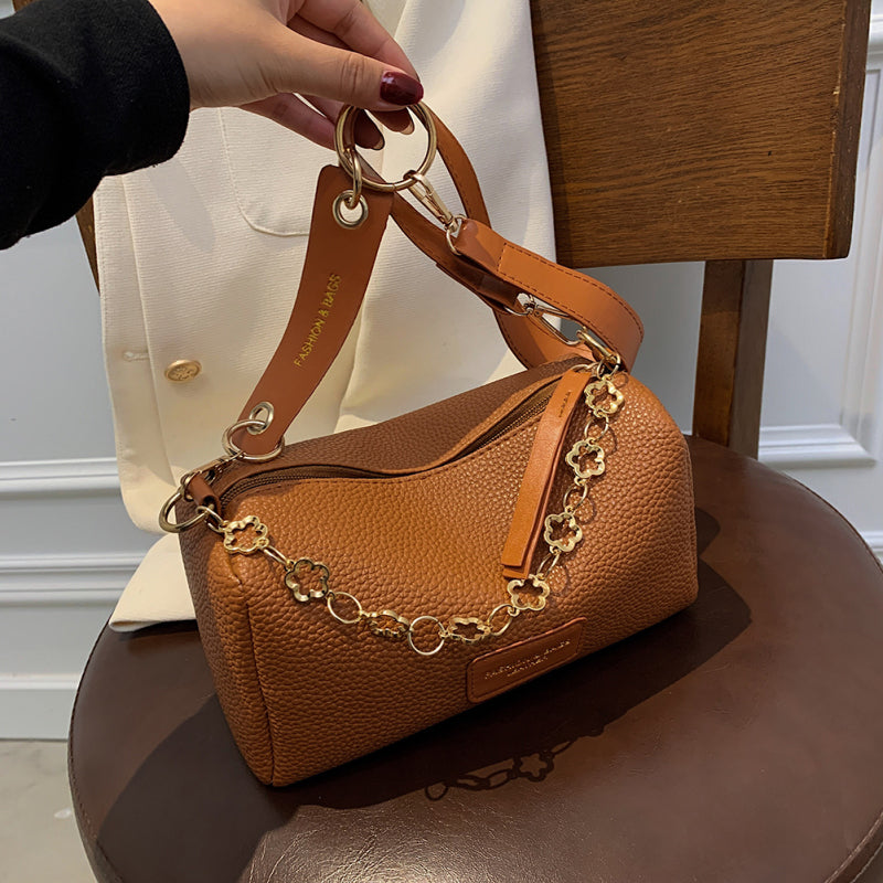 Women Vintage Flower Chain Design Cylindrical PU Shoulder Bag