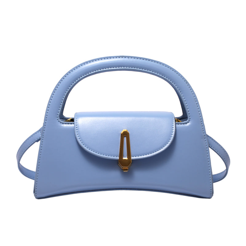 Women Chic Flap Buckle Design Solid Color PU Handle Bag