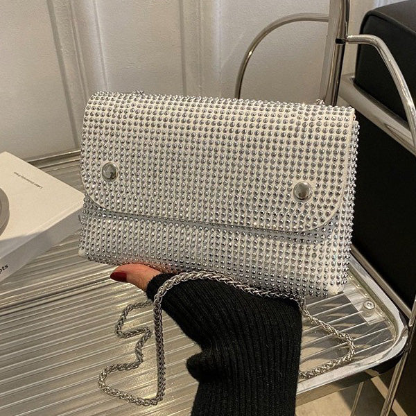 Women Fashion Square Flap Rhinestone Chain Crossbody Bag