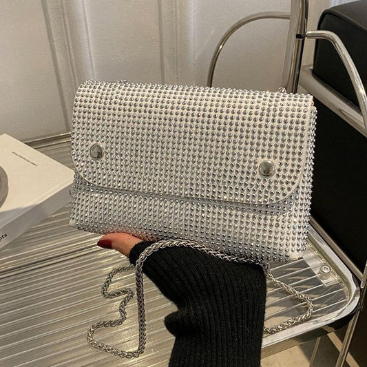Women Fashion Square Flap Rhinestone Chain Crossbody Bag