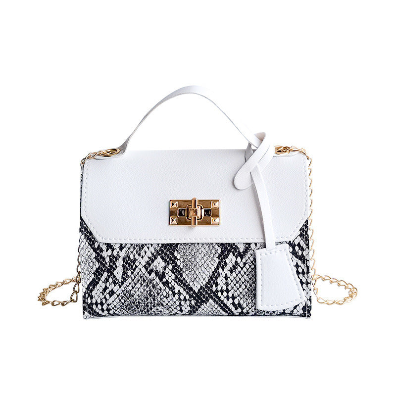 Women Vintage Flap Buckle Design Snake Pattern PU Crossbody Bag