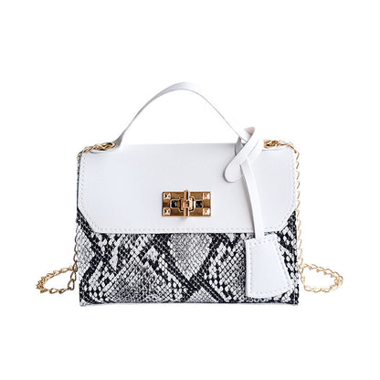 Women Vintage Flap Buckle Design Snake Pattern PU Crossbody Bag