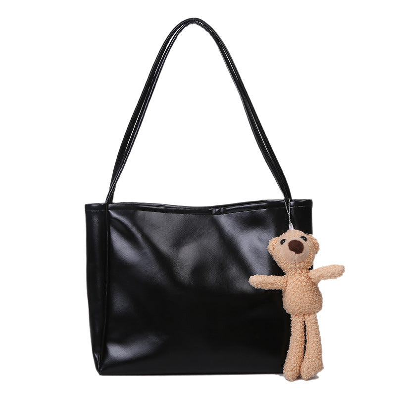 Women Fashion Basic Solid Color Large Capacity PU Shoulder Bag With Pendant