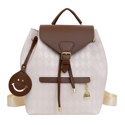 Women Fashion Rhombic Printed Smiley Face Pendant Large Capacity Backpack