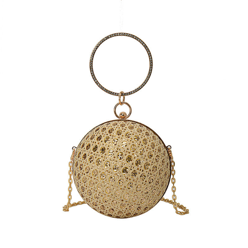 Women Fashion Elegant Round Sequin Hollow Handle Clip Chain Shoulder Evening Mini Bag