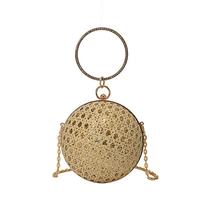 Women Fashion Elegant Round Sequin Hollow Handle Clip Chain Shoulder Evening Mini Bag