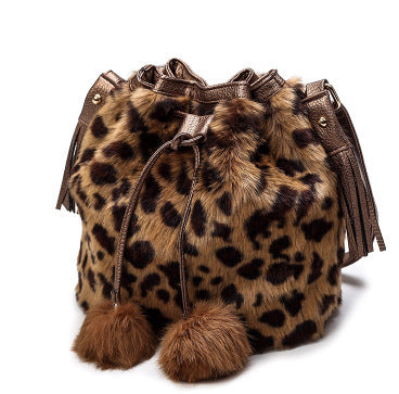 Sac seau à cordon de serrage en peluche léopard vintage mode automne hiver 