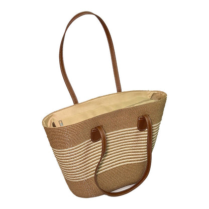 Summer Women Fashionable Stripe Straw Woven Large Capacity Tote Bag