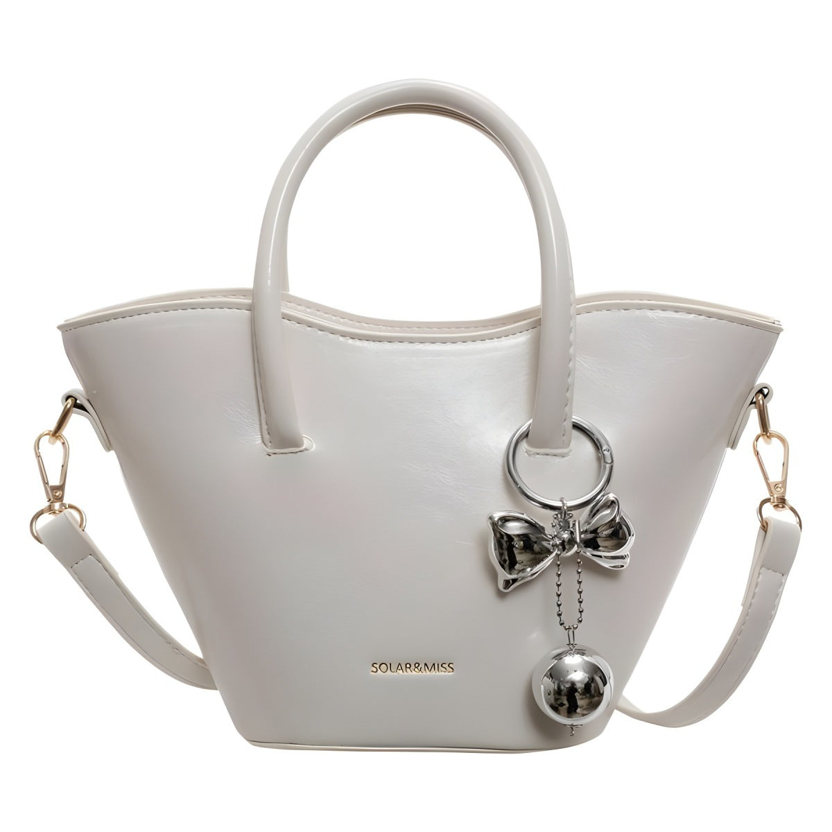 Women Fashionable Simple Bow Ball Pendant PU Handle Shoulder Bag