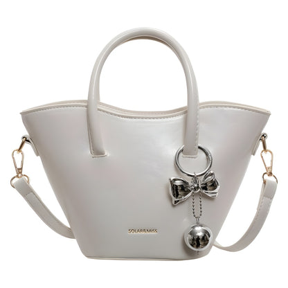 Women Fashionable Simple Bow Ball Pendant PU Handle Shoulder Bag